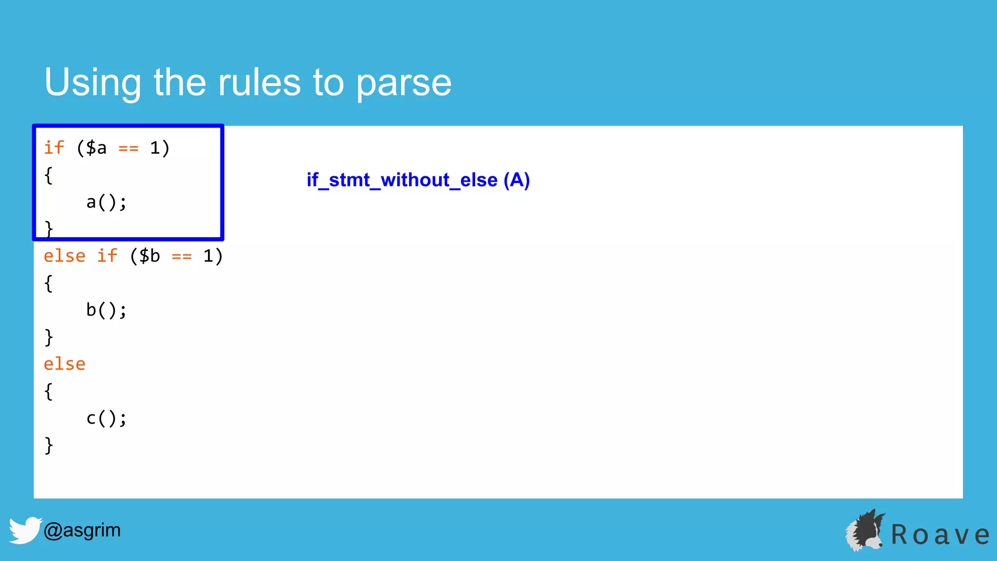 @asgrim
if ($a == 1)
{
a();
}
else if ($b == 1)
{
b();
}
else
{
c();
}
Using the rules to parse
if_stmt_without_else (A)
 