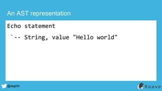 @asgrim
An AST representation
Echo statement
`-- String, value "Hello world"
 