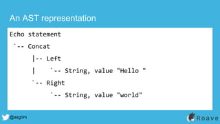 @asgrim
An AST representation
Echo statement
`-- Concat
|-- Left
| `-- String, value "Hello "
`-- Right
`-- String, value "world"
 