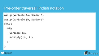 @asgrim
Pre-order traversal: Polish notation
Assign(Variable $a, Scalar 5)
Assign(Variable $b, Scalar 3)
Echo (
Add(
Variable $a,
Multiply( $b, 2 )
)
)
 