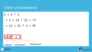 @asgrim
Order of precedence
1 + 2 * 3
= 1 + (2 * 3) = 7?
= (1 + 2) * 3 = 9?
+ 1 * 2 3
Operator Left operand Right operand
 