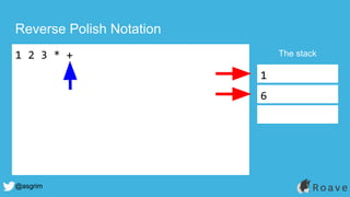 @asgrim
Reverse Polish Notation
1 2 3 * + The stack
1
6
 