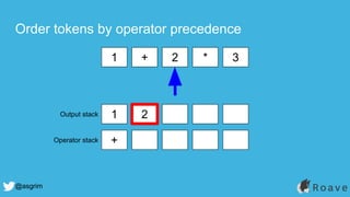@asgrim
Order tokens by operator precedence
1 + 2 * 3
1 2
+
Output stack
Operator stack
 