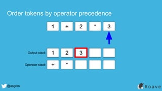 @asgrim
Order tokens by operator precedence
1 + 2 * 3
1 2 3
+ *
Output stack
Operator stack
 