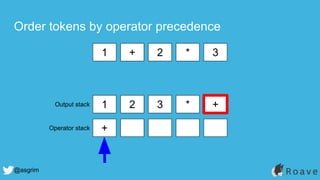 @asgrim
Order tokens by operator precedence
1 + 2 * 3
1 2 3 * +
+
Output stack
Operator stack
 