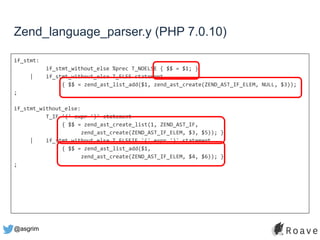 @asgrim
Zend_language_parser.y (PHP 7.0.10)
if_stmt:
if_stmt_without_else %prec T_NOELSE { $$ = $1; }
| if_stmt_without_else T_ELSE statement
{ $$ = zend_ast_list_add($1, zend_ast_create(ZEND_AST_IF_ELEM, NULL, $3)); }
;
if_stmt_without_else:
T_IF '(' expr ')' statement
{ $$ = zend_ast_create_list(1, ZEND_AST_IF,
zend_ast_create(ZEND_AST_IF_ELEM, $3, $5)); }
| if_stmt_without_else T_ELSEIF '(' expr ')' statement
{ $$ = zend_ast_list_add($1,
zend_ast_create(ZEND_AST_IF_ELEM, $4, $6)); }
;
 