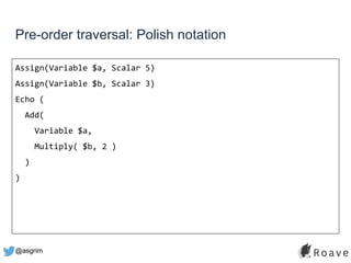 @asgrim
Pre-order traversal: Polish notation
Assign(Variable $a, Scalar 5)
Assign(Variable $b, Scalar 3)
Echo (
Add(
Variable $a,
Multiply( $b, 2 )
)
)
 