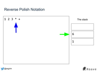 @asgrim
Reverse Polish Notation
1 2 3 * + The stack
6
1
 