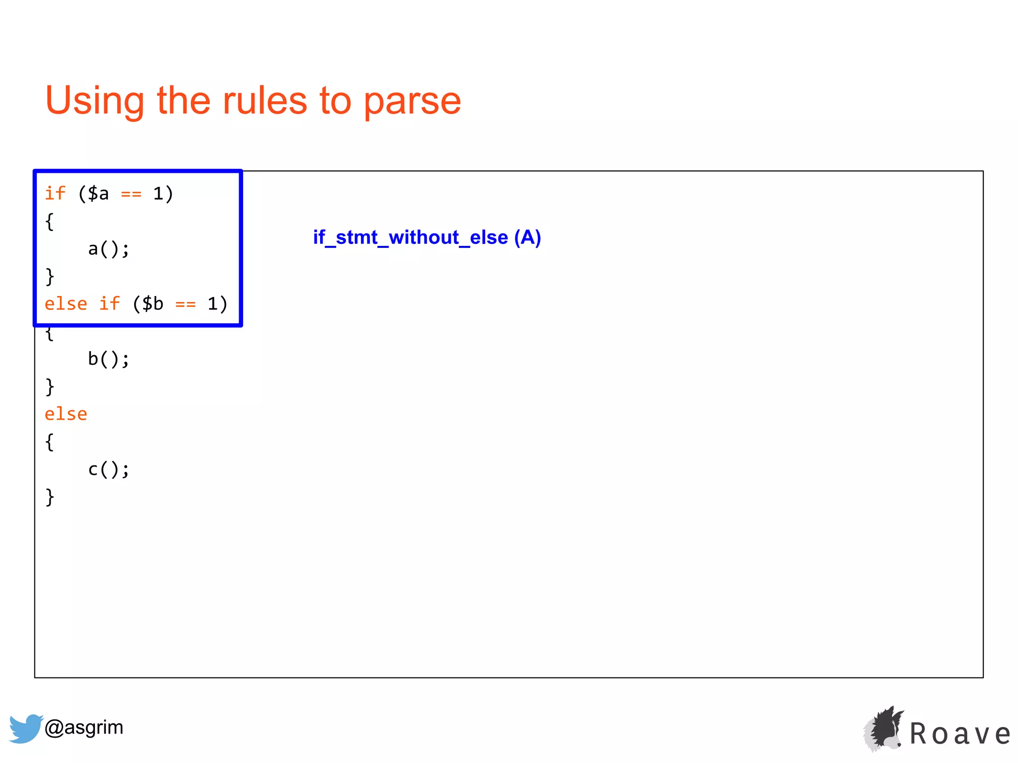 @asgrim
if ($a == 1)
{
a();
}
else if ($b == 1)
{
b();
}
else
{
c();
}
Using the rules to parse
if_stmt_without_else (A)
 