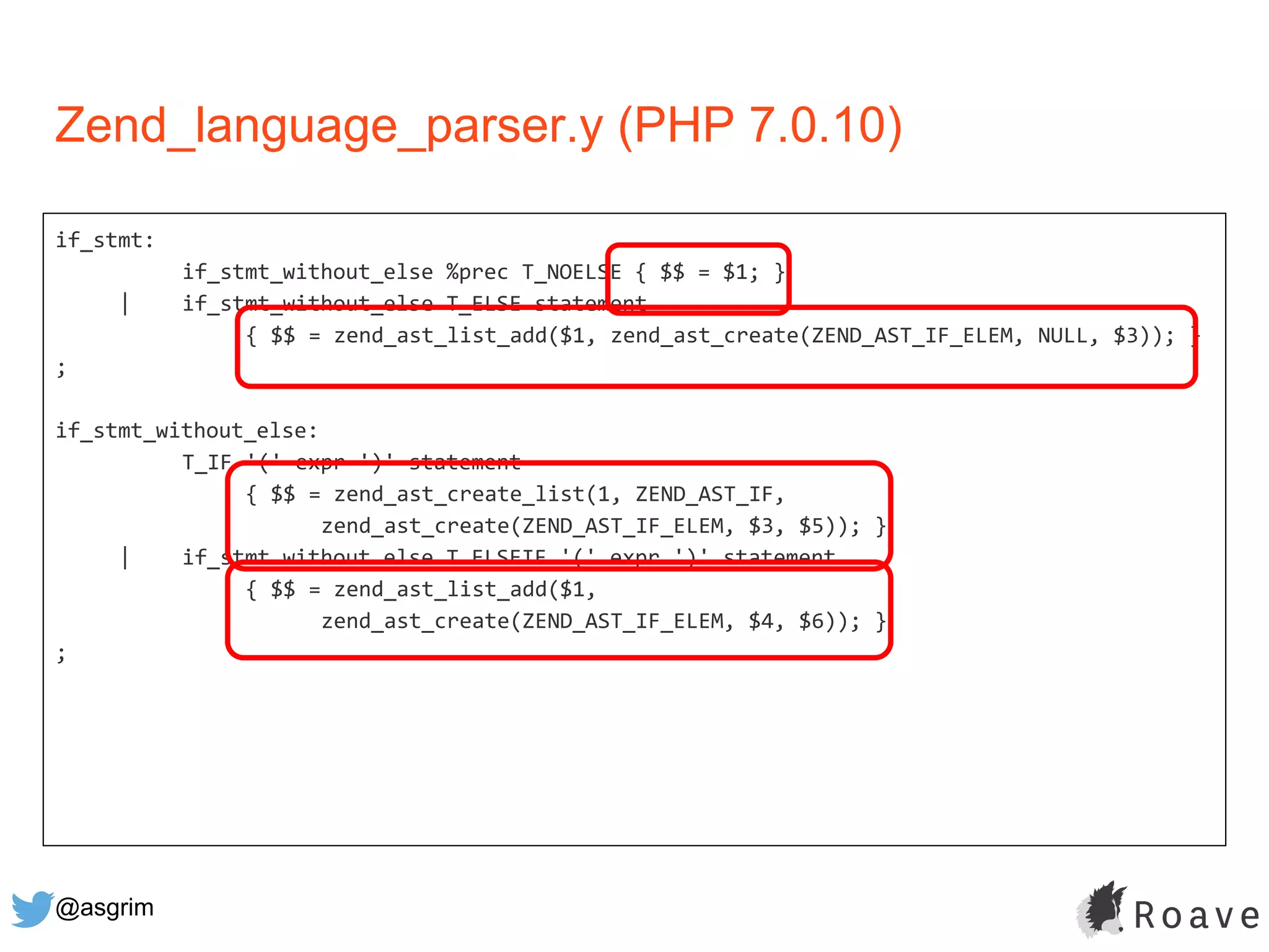 @asgrim
Zend_language_parser.y (PHP 7.0.10)
if_stmt:
if_stmt_without_else %prec T_NOELSE { $$ = $1; }
| if_stmt_without_else T_ELSE statement
{ $$ = zend_ast_list_add($1, zend_ast_create(ZEND_AST_IF_ELEM, NULL, $3)); }
;
if_stmt_without_else:
T_IF '(' expr ')' statement
{ $$ = zend_ast_create_list(1, ZEND_AST_IF,
zend_ast_create(ZEND_AST_IF_ELEM, $3, $5)); }
| if_stmt_without_else T_ELSEIF '(' expr ')' statement
{ $$ = zend_ast_list_add($1,
zend_ast_create(ZEND_AST_IF_ELEM, $4, $6)); }
;
 