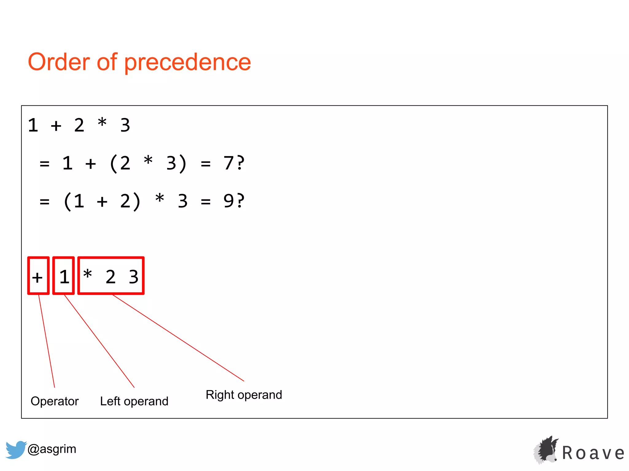 @asgrim
Order of precedence
1 + 2 * 3
= 1 + (2 * 3) = 7?
= (1 + 2) * 3 = 9?
+ 1 * 2 3
Operator Left operand
Right operand
 