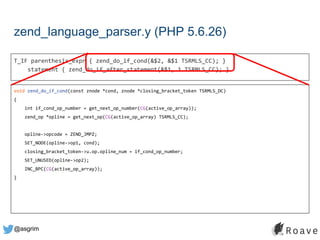 @asgrim
zend_language_parser.y (PHP 5.6.26)
T_IF parenthesis_expr { zend_do_if_cond(&$2, &$1 TSRMLS_CC); }
statement { zend_do_if_after_statement(&$1, 1 TSRMLS_CC); }
void zend_do_if_cond(const znode *cond, znode *closing_bracket_token TSRMLS_DC)
{
int if_cond_op_number = get_next_op_number(CG(active_op_array));
zend_op *opline = get_next_op(CG(active_op_array) TSRMLS_CC);
opline->opcode = ZEND_JMPZ;
SET_NODE(opline->op1, cond);
closing_bracket_token->u.op.opline_num = if_cond_op_number;
SET_UNUSED(opline->op2);
INC_BPC(CG(active_op_array));
}
 
