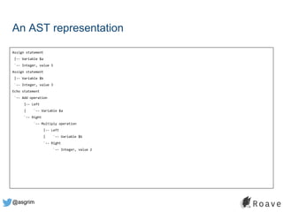 @asgrim
An AST representation
Assign statement
|-- Variable $a
`-- Integer, value 5
Assign statement
|-- Variable $b
`-- Integer, value 3
Echo statement
`-- Add operation
|-- Left
| `-- Variable $a
`-- Right
`-- Multiply operation
|-- Left
| `-- Variable $b
`-- Right
`-- Integer, value 2
 
