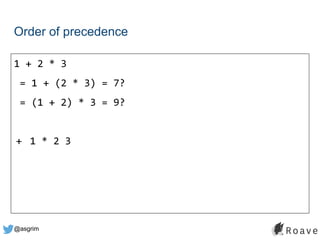 @asgrim
Order of precedence
1 + 2 * 3
= 1 + (2 * 3) = 7?
= (1 + 2) * 3 = 9?
+ 1 * 2 3
 