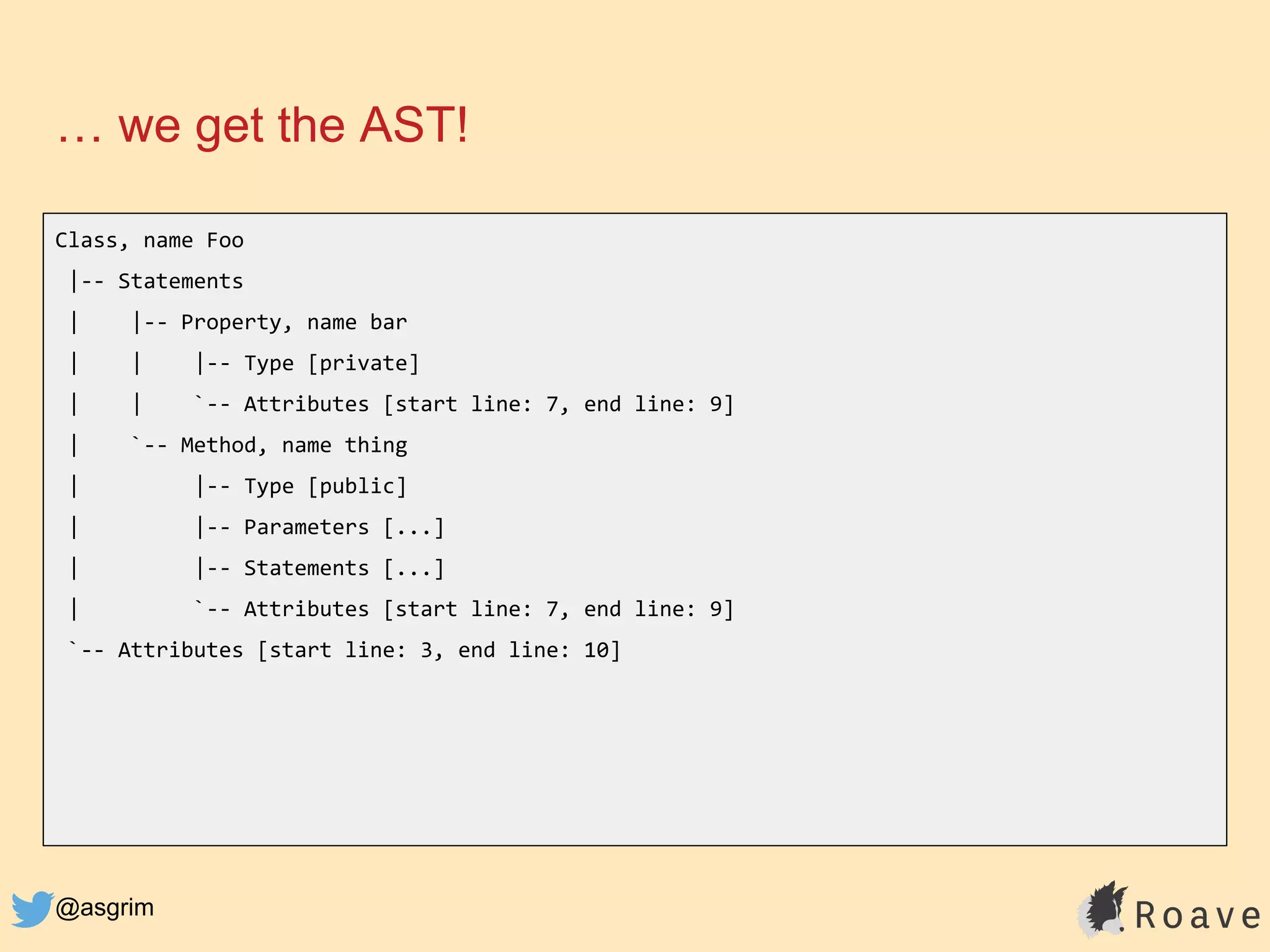 @asgrim
… we get the AST!
Class, name Foo
|-- Statements
| |-- Property, name bar
| | |-- Type [private]
| | `-- Attributes [start line: 7, end line: 9]
| `-- Method, name thing
| |-- Type [public]
| |-- Parameters [...]
| |-- Statements [...]
| `-- Attributes [start line: 7, end line: 9]
`-- Attributes [start line: 3, end line: 10]
 