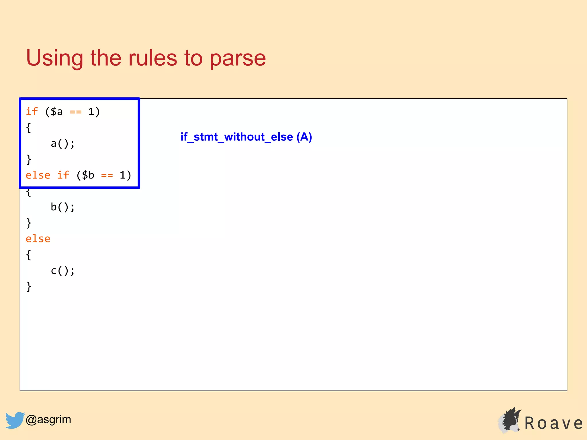@asgrim
if ($a == 1)
{
a();
}
else if ($b == 1)
{
b();
}
else
{
c();
}
Using the rules to parse
if_stmt_without_else (A)
 