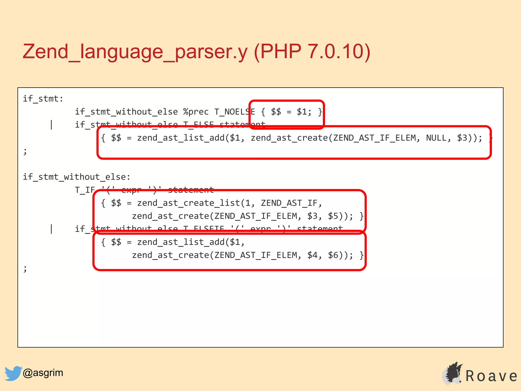 @asgrim
Zend_language_parser.y (PHP 7.0.10)
if_stmt:
if_stmt_without_else %prec T_NOELSE { $$ = $1; }
| if_stmt_without_else T_ELSE statement
{ $$ = zend_ast_list_add($1, zend_ast_create(ZEND_AST_IF_ELEM, NULL, $3)); }
;
if_stmt_without_else:
T_IF '(' expr ')' statement
{ $$ = zend_ast_create_list(1, ZEND_AST_IF,
zend_ast_create(ZEND_AST_IF_ELEM, $3, $5)); }
| if_stmt_without_else T_ELSEIF '(' expr ')' statement
{ $$ = zend_ast_list_add($1,
zend_ast_create(ZEND_AST_IF_ELEM, $4, $6)); }
;
 