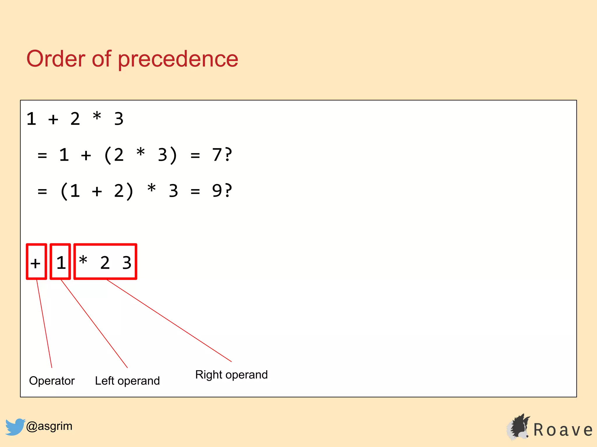 @asgrim
Order of precedence
1 + 2 * 3
= 1 + (2 * 3) = 7?
= (1 + 2) * 3 = 9?
+ 1 * 2 3
Operator Left operand
Right operand
 