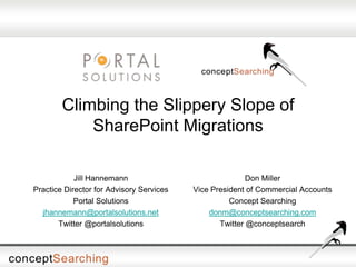 Climbing the Slippery Slope of
SharePoint Migrations
Don Miller
Vice President of Commercial Accounts
Concept Searching
donm@conceptsearching.com
Twitter @conceptsearch
Jill Hannemann
Practice Director for Advisory Services
Portal Solutions
jhannemann@portalsolutions.net
Twitter @portalsolutions
 