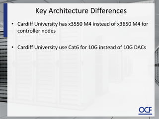 Key Architecture Differences
• Cardiff University has x3550 M4 instead of x3650 M4 for
controller nodes
• Cardiff University use Cat6 for 10G instead of 10G DACs
 