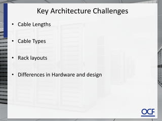 Key Architecture Challenges
• Cable Lengths
• Cable Types
• Rack layouts
• Differences in Hardware and design
 