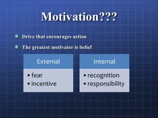 Motivation???
Drive that encourages action
The greatest motivator is belief
External
•fear
•incentive
Internal
•recognition
•responsibility
 