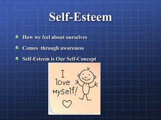Self-Esteem
How we feel about ourselves
Comes through awareness
Self-Esteem is Our Self-Concept
 