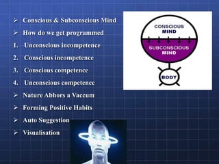  Conscious & Subconscious Mind
 How do we get programmed
1. Unconscious incompetence
2. Conscious incompetence
3. Conscious competence
4. Unconscious competence
 Nature Abhors a Vaccum
 Forming Positive Habits
 Auto Suggestion
 Visualisation
 