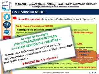 CLIMCOR: paleoCLIMatic CORing: High Resolution and Innovations 
Carottage paléoclimatique: Haute Résolution et Innovations 
http://climcor-equipex.dt.insu.cnrs.fr 
11 
ANR-11-EQPX-0009-CLIMCOR 
Dir. Denis-Didier Rousseau (denis.rousseau@lmd.ens.fr), Dir. Adj. Michel Calzas (michel.calzas@dt.insu.cnrs.fr) 
LES BESOINS IDENTIFIES 
A quelles questions le système d’information devrait répondre ? 
Niv 1 : (niveau d’information d’INSPIRE) 
- Historique de la prise de la carotte (mission) : qui, pour qui (PI), ou, comment (Logistique, techniques), pourquoi (objectifs scientifiques) => RAPPORT MISSION Carottage 
- Où se trouve l’objet physique ? => GESTION DE STOCKS 
Niv2 : 
- Puis-je échantillonner (reste-t-il du sédiment …), qui contacter ? 
- Suivi analytique : Qu’est-ce qui a déjà été fait sur ce prélèvement : Quels types de données existe-t-il ? (acquisition routines, analyses spécifiques) 
Niv3 : 
- Niveau de la donnée existante (brute, nettoyée ) et la qualité de la données (Protocoles, paramètres …) ? 
- Comment retrouver les données à long terme (accès, partage, embargo, …), 
- Comment la ré-utiliser (Charte d’utilisation, Licences d’utilisation) ? 
Volet «Cyber-carothèque nationale» 
=> ENTREPOTS DATA 
=> LIMS 
Concept du « LIMS » 
Laboratory Information management system 
10 / 23  