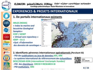 CLIMCOR: paleoCLIMatic CORing: High Resolution and Innovations 
Carottage paléoclimatique: Haute Résolution et Innovations 
http://climcor-equipex.dt.insu.cnrs.fr 
8 
ANR-11-EQPX-0009-CLIMCOR 
Dir. Denis-Didier Rousseau (denis.rousseau@lmd.ens.fr), Dir. Adj. Michel Calzas (michel.calzas@dt.insu.cnrs.fr) 
1. De portails internationaux existants 
IMLGS (NOAA) 
« Index to marine and 
lacustrine Geological 
Samples» 
ICDP / GESEP 
« Virtual core repository » 
IODP – D.I.S 
«Syst. d’information 
des données de carottages » 
EXPERIENCES & PROJETS INTERNATIONAUX 
2. Identifiants pérennes internationaux opérationnels (Persitant ID) - PID des publications ou jeux de données DOI, ARK - Le système international de référencement des échantillons DESC/SESAR-IGSN (International GeoSample Number) - PID des chercheurs ORCIDRESEARCH ID - PID institutions ISNI 
IGSN : 
EDY-LDB14P1 
Volet «Cyber-carothèque nationale» 
8 / 23  