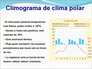 El clima polar presenta temperatures molt baixes, poden arribar a –40ºC.  Només a l’estiu són positives, amb màximes de 10ºC. Gran oscil·lació tèrmica. Pluja quasi inexistent i les escasses precipitacions que cauen són en forma de neu. La vegetació varia en funció de tres factors: altitud, latitud i orientació. 