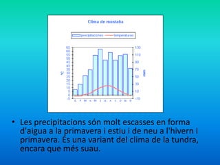 • Les precipitacions són molt escasses en forma
d'aigua a la primavera i estiu i de neu a l'hivern i
primavera. És una variant del clima de la tundra,
encara que més suau.

 