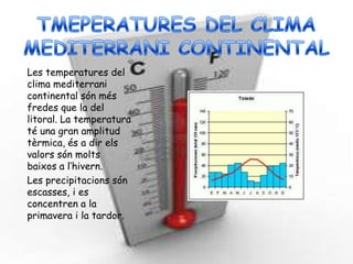 Les temperatures del
clima mediterrani
continental són més
fredes que la del
litoral. La temperatura
té una gran amplitud
tèrmica, és a dir els
valors són molts
baixos a l’hivern.
Les precipitacions són
escasses, i es
concentren a la
primavera i la tardor.
 