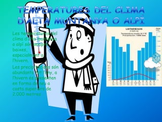 Les temperatures del
clima d’alta muntanya
o alpí són sempre
baixes,
especialment a
l’hivern.
Les precipitacions són
abundants tot l’any, a
l’hivern és presenten
en forma de neu a
costa superiors de
2.000 metres.
 