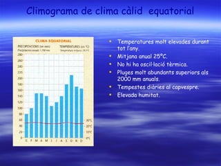 Climograma de clima càlid  equatorial Temperatures molt elevades durant tot l’any.  Mitjana anual 25ºC. No hi ha oscil·lació tèrmica. Pluges molt abundants superiors als 2000 mm anuals. Tempestes diàries al capvespre. Elevada humitat. 