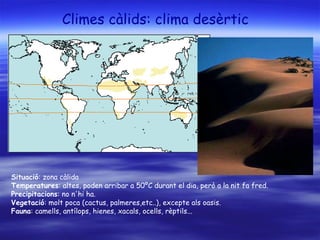 Climes càlids: clima desèrtic   Situació : zona càlida  Temperatures : altes, poden arribar a 50ºC durant el dia, però a la nit fa fred.  Precipitacions : no n'hi ha.  Vegetació : molt poca (cactus, palmeres,etc..), excepte als oasis.  Fauna : camells, antílops, hienes, xacals, ocells, rèptils... 