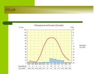 POLAR

Climograma de Eureka (Canadá)
P mm

T ºC
120

20

110

15

100

10

90

5

80

0

70

-5

60

-10

50

-15

40

-20

30

-25

20

-30

10

-35

0
PRECIP.
TEMP.

ENE FEB MAR ABR MAY JUN
3

2

2

2

3

-35,9 -37,3 -37,6 -26,8 -9,7

JUL AGO SEP OCT NOV

3

16

14

2,7

5,7

3,8

11

9

2

DIC
2

-6,7 -21,6 -30,6 -35,2

-40

PRECIP.
TEMP.

 
