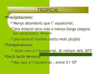 TROPICAL
Precipitacions:
Menys abundants que l’ equatorial.
Una estació seca más o menys llarga (segons
les variacions). Hivern
Una estació humida (estiu molt plujós)
Temperatures:
 Altes com a l’equatorial. Al voltant dels 30ºC
Oscil.lació tèrmica:
Més que a l’equatorial , entre 5 I 10º

 