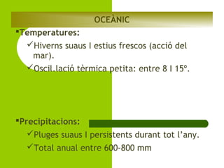 OCEÀNIC
Temperatures:
Hiverns suaus I estius frescos (acció del
mar).
Oscil.lació tèrmica petita: entre 8 I 15º.

Precipitacions:
Pluges suaus I persistents durant tot l’any.
Total anual entre 600-800 mm

 