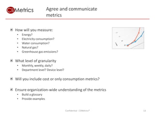 Agree and communicate
                        metrics

How will you measure:
 •   Energy?
 •   Electricity consumption?
 •   Water consumption?
 •   Natural gas?
 •   Greenhouse gas emissions?

What level of granularity
 •   Monthly, weekly, daily?
 •   Department level? Device level?

Will you include cost or only consumption metrics?

Ensure organization-wide understanding of the metrics
 •   Build a glossary
 •   Provide examples


                                       Confidential - CliMetrics®   13
 