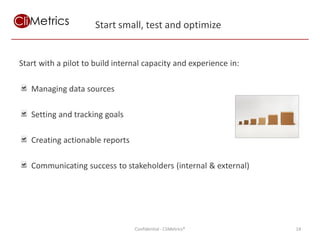 Start small, test and optimize


Start with a pilot to build internal capacity and experience in:

   Managing data sources

   Setting and tracking goals

   Creating actionable reports

   Communicating success to stakeholders (internal & external)




                                 Confidential - CliMetrics®        14
 