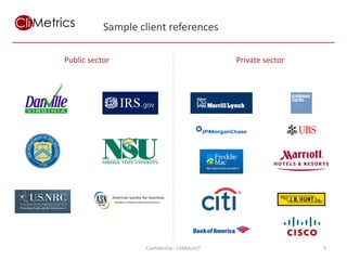 Sample client references

Public sector                                   Private sector




                   Confidential - CliMetrics®                    5
 