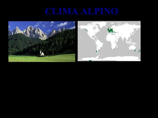 CLIMA ALPINOCLIMA ALPINO
Il clima alpino è presente al di sopra della linea degli alberi, è
tipico delle catene montuose più importanti, come le Alpi.
Il clima diventa più freddo a quote più elevate, scende di circa
1 °C ogni 100m in altitudine: l'aria diventa più fredda quanto più ci
s'innalza, in quanto meno densa
 