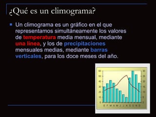 ¿Qué es un climograma? Un climograma es un gráfico en el que representamos simultáneamente los valores de  temperatura  media mensual, mediante  una línea , y los de  precipitaciones  mensuales medias, mediante  barras verticales , para los doce meses del año.  