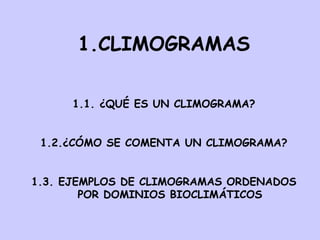 1.CLIMOGRAMAS
1.1. ¿QUÉ ES UN CLIMOGRAMA?
1.2.¿CÓMO SE COMENTA UN CLIMOGRAMA?
1.3. EJEMPLOS DE CLIMOGRAMAS ORDENADOS
POR DOMINIOS BIOCLIMÁTICOS
 