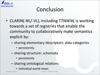 www.isocat.org

                                   Conclusion
     • CLARIN(-NL/-VL), including TTNWW, is working
       t...