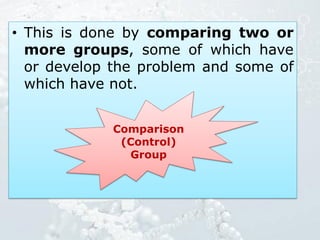 • This is done by comparing two or
more groups, some of which have
or develop the problem and some of
which have not.
Comparison
(Control)
Group
 