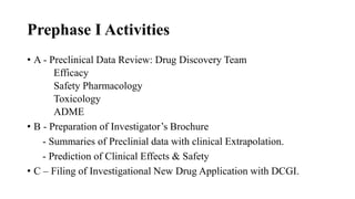 Prephase I Activities
• A - Preclinical Data Review: Drug Discovery Team
Efficacy
Safety Pharmacology
Toxicology
ADME
• B - Preparation of Investigator’s Brochure
- Summaries of Preclinial data with clinical Extrapolation.
- Prediction of Clinical Effects & Safety
• C – Filing of Investigational New Drug Application with DCGI.
 