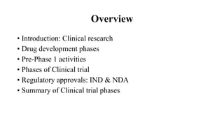 Overview
• Introduction: Clinical research
• Drug development phases
• Pre-Phase 1 activities
• Phases of Clinical trial
• Regulatory approvals: IND & NDA
• Summary of Clinical trial phases
 