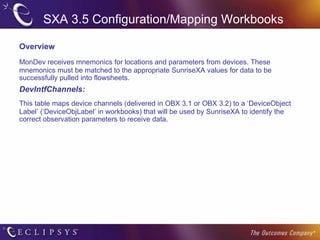 SXA 3.5 Configuration/Mapping Workbooks Overview MonDev receives mnemonics for locations and parameters from devices. These mnemonics must be matched to the appropriate SunriseXA values for data to be successfully pulled into flowsheets.  DevIntfChannels: This table maps device channels (delivered in OBX 3.1 or OBX 3.2) to a ‘DeviceObject Label’ (‘DeviceObjLabel’ in workbooks) that will be used by SunriseXA to identify the correct observation parameters to receive data.  